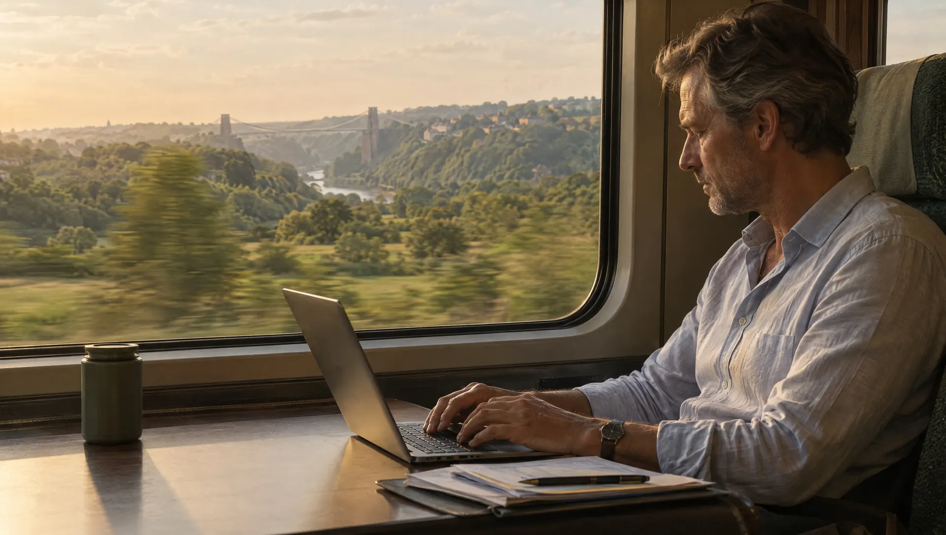 A contractor working on a laptop by a train window at golden hour, with the Clifton Suspension Bridge in the distance