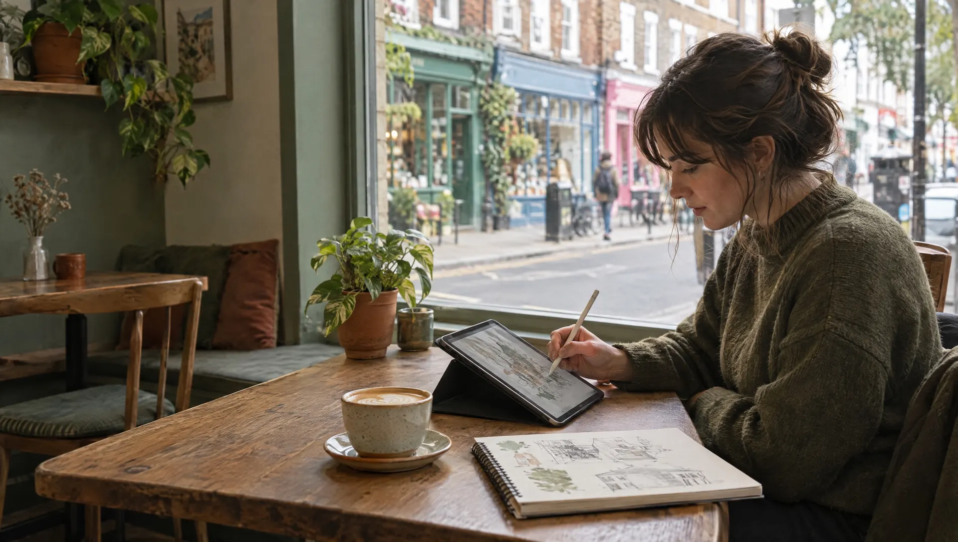 A freelance designer drawing on a tablet at a café table on Gloucester Road, Bristol