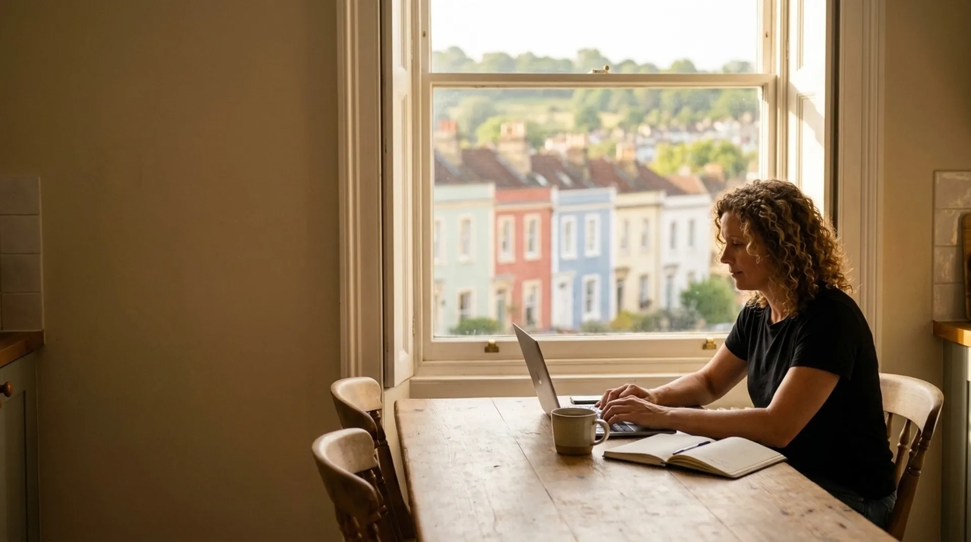 A freelance consultant working on a laptop at a kitchen table by a window, with Bristol's colourful terraced houses outside