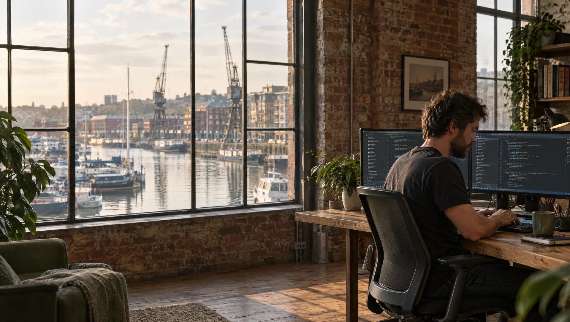A software developer working at two monitors in a converted warehouse studio overlooking Bristol harbour
