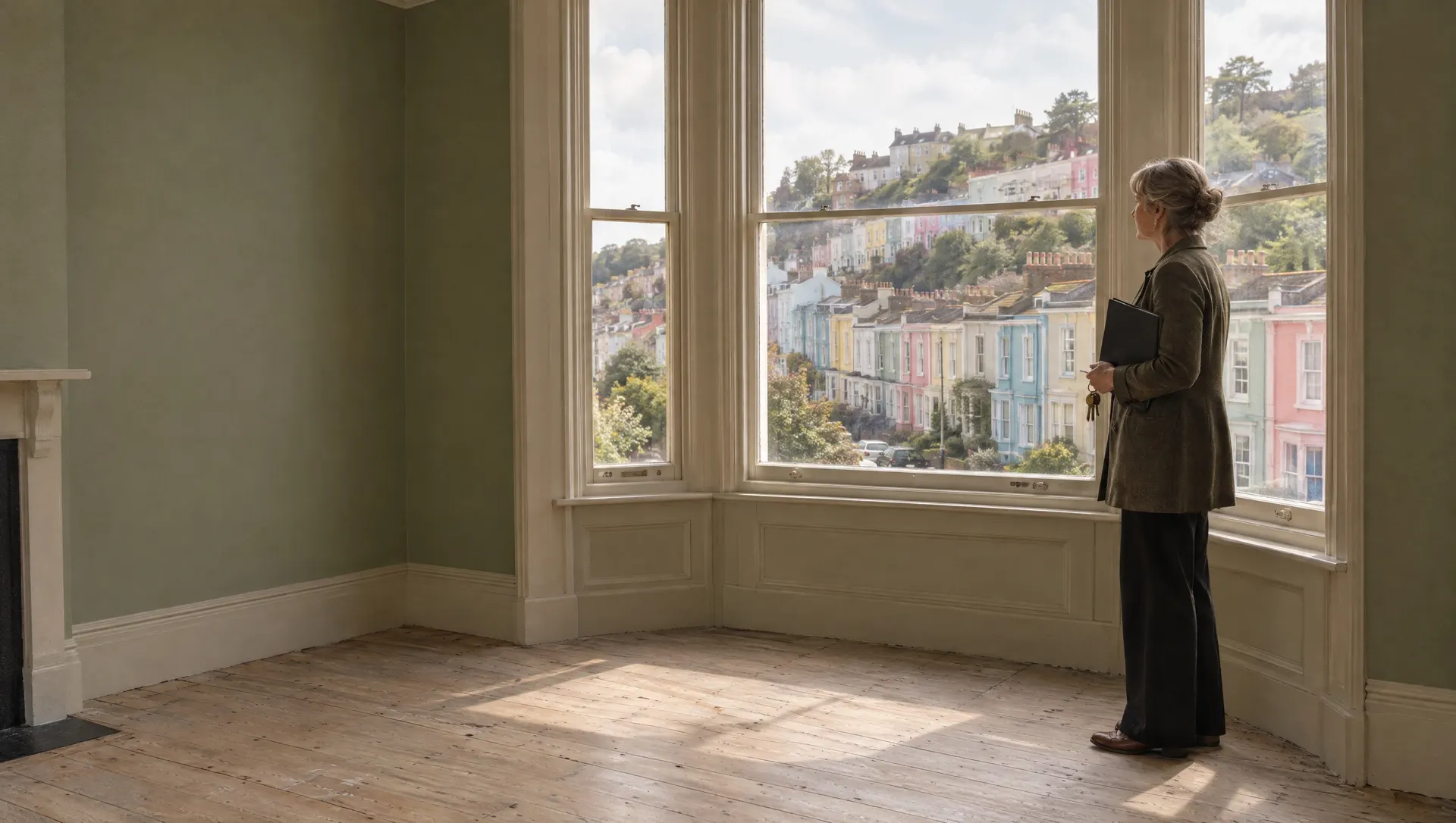 A landlord holding keys and a folder in the bay window of an empty Bristol flat, looking out over Totterdown's colourful terraces