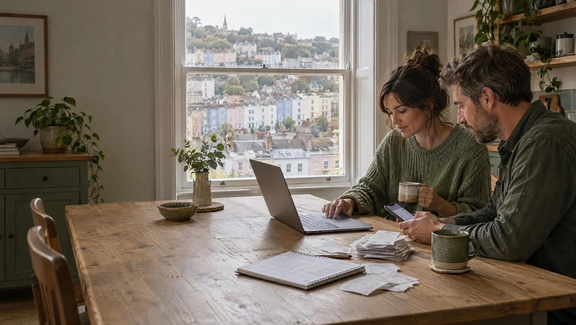 A couple at their kitchen table in Bristol going through their quarterly figures on a laptop and phone, with colourful terraced houses outside the window