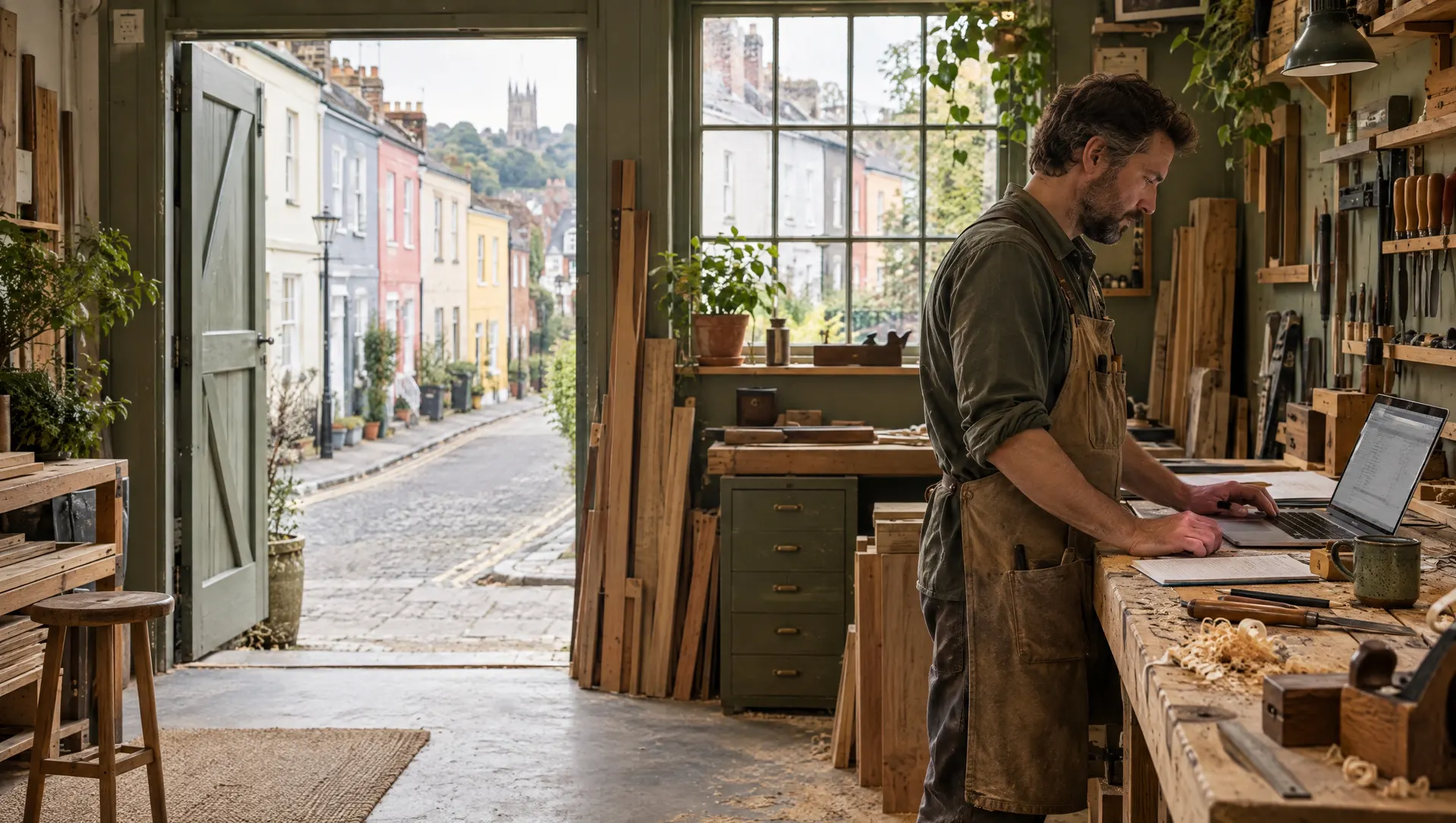 A self-employed carpenter checking his accounts on a laptop at the workbench of his Bristol workshop