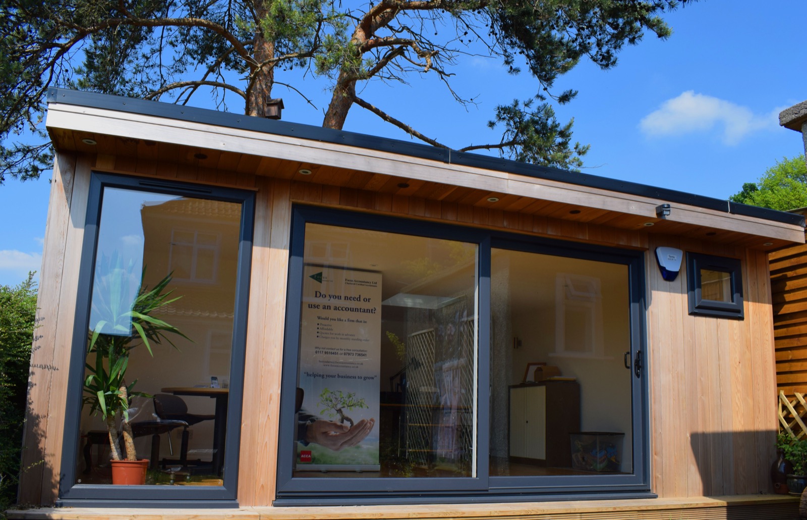 The Focus Accountancy office in Bristol, a timber-clad garden office with a full glass front